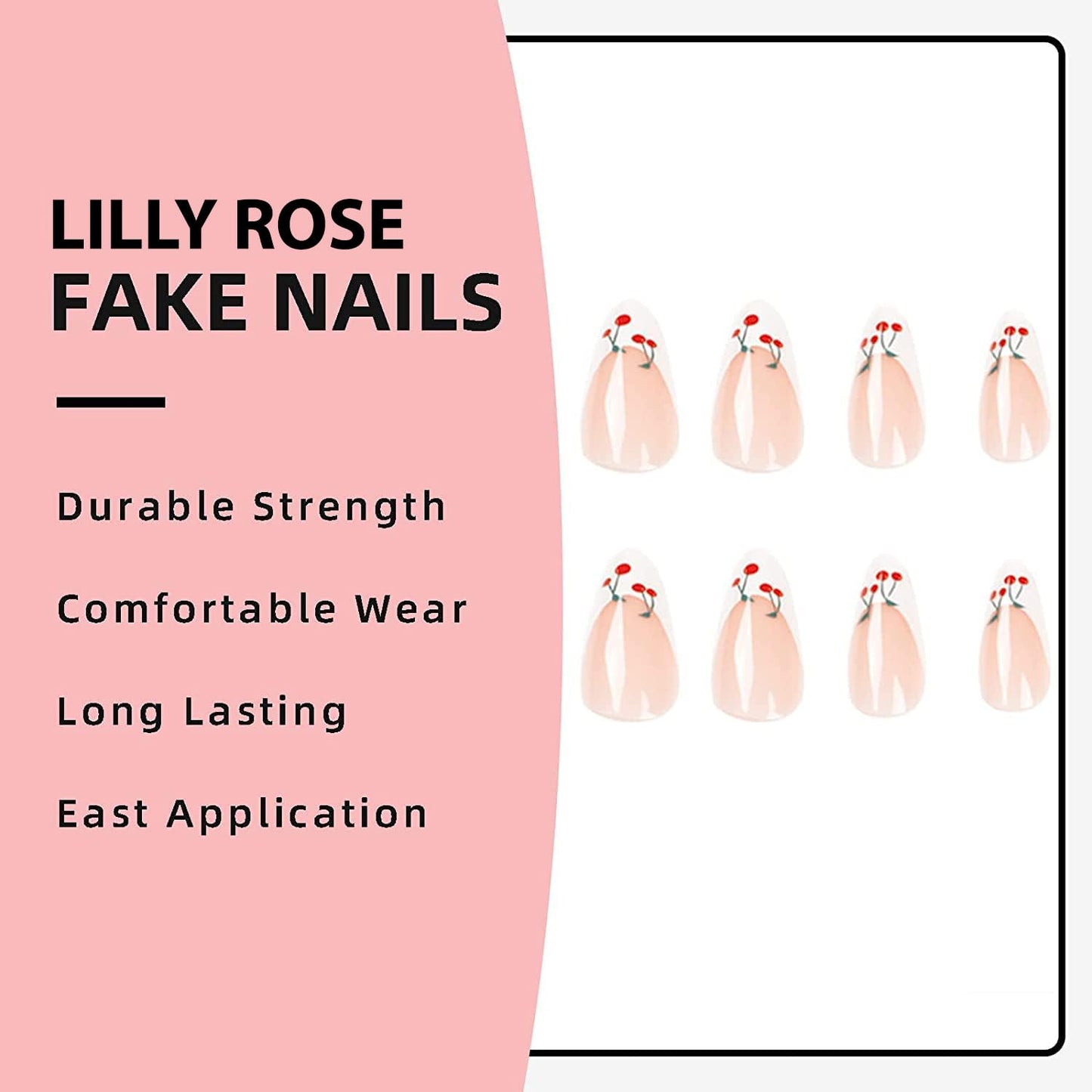 Lilly Rose Fake Press On Nails Acrylic French Nail Tips (Almond Style Cherries)