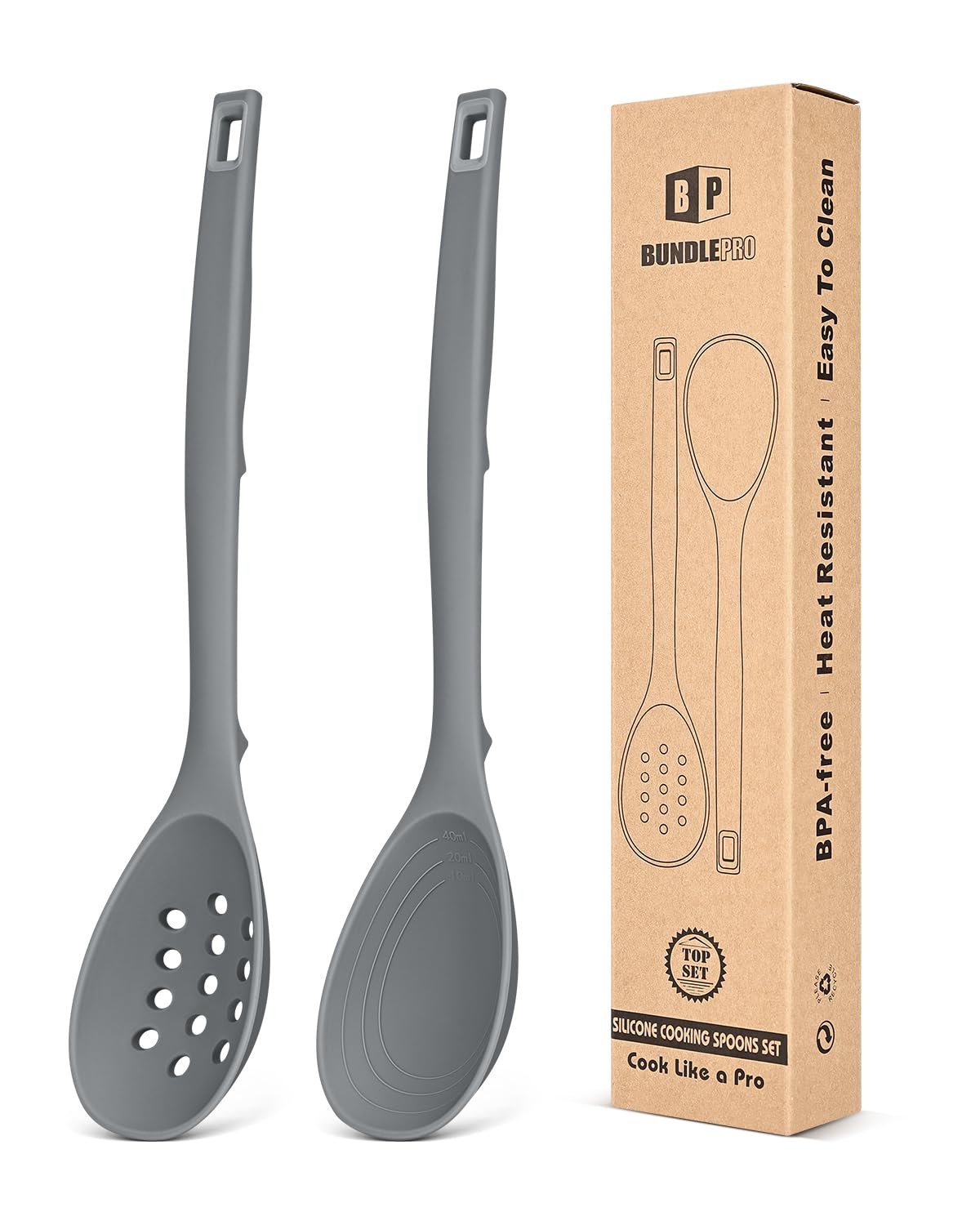 Pack of 2 Silicone Cooking Spoons, Non Stick Solid Kitchen Spoon with Measuring Marks & Back Hooks, Heat Resistant Silicone Slotted Spoon for Cooking, Mixing, Stirring,Serving (GRAY)