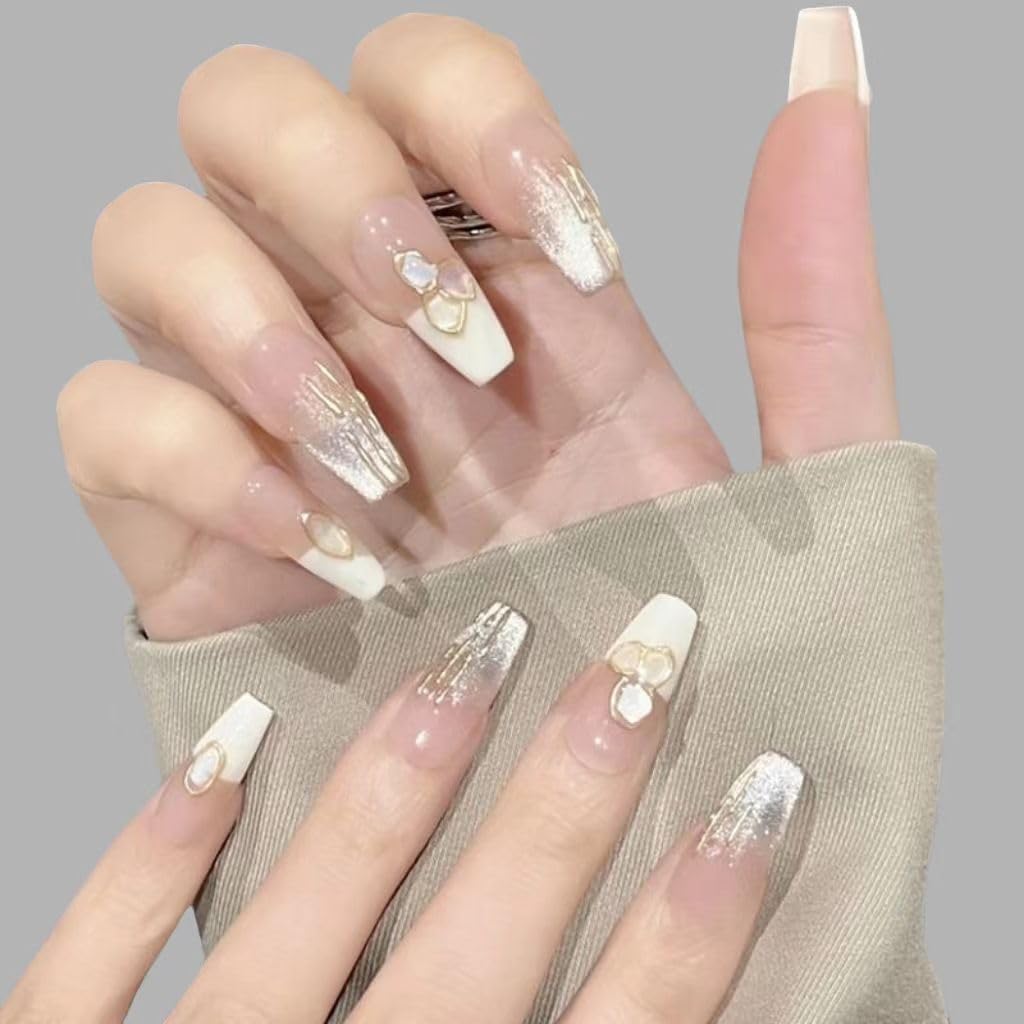 GLORS Handmade Press On Nails, Long Ballerina Shape, Pink and White Shell Design, 10 Pieces (Small,LB)