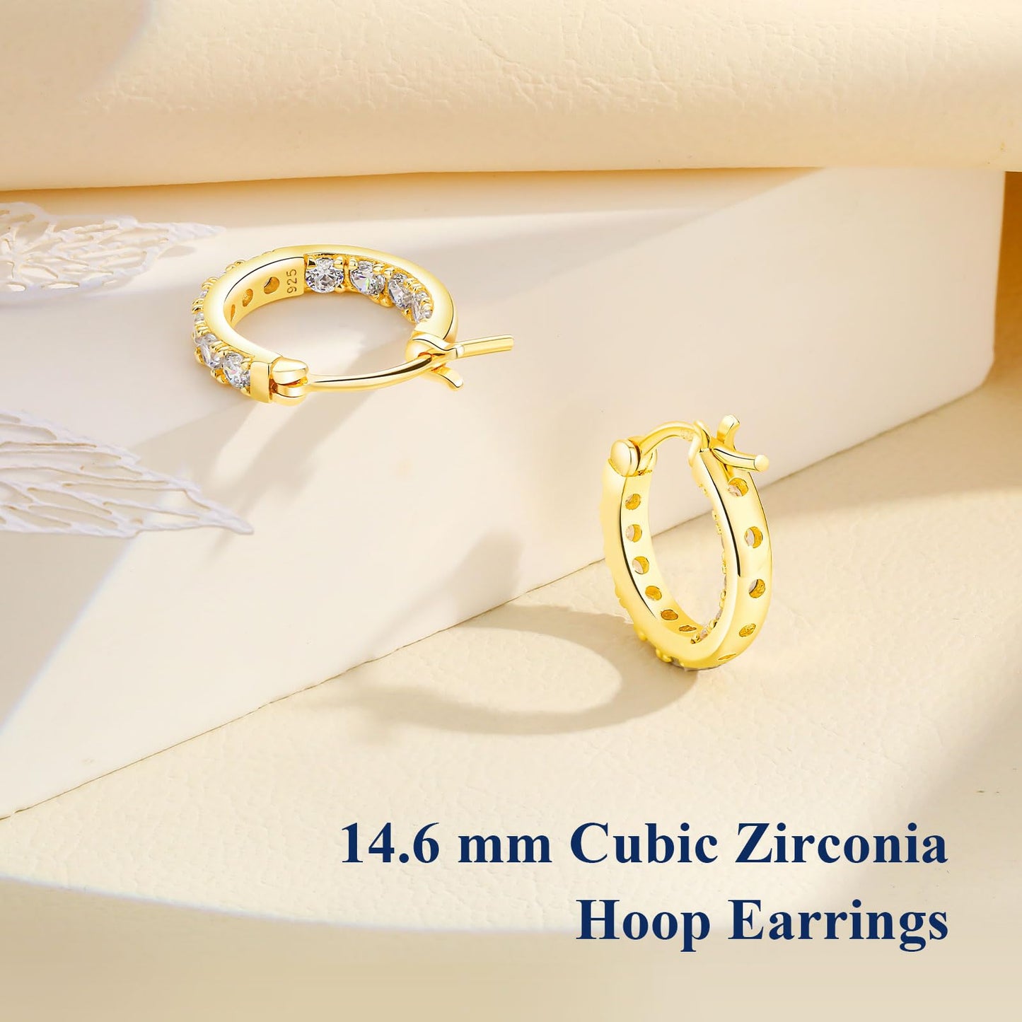 AGRULE 14K Yellow Gold Plated Chunky Huggie Earrings Sparkling Gemstone Sterling Silver Hypoallergenic Lightweight 15mm Diamond Hoop Earrings for Women