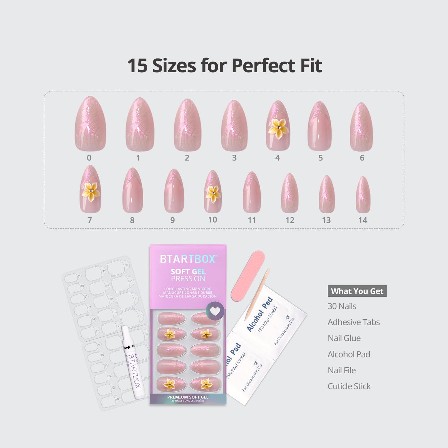 BTArtbox French Tip Press On Nails - Aloha Lei, Easy-to-Apply 3D Flower Medium Almond Press On Nails with Glue and Adhesive Tabs in 15 Sizes - 30 Nails All-in-One Kit