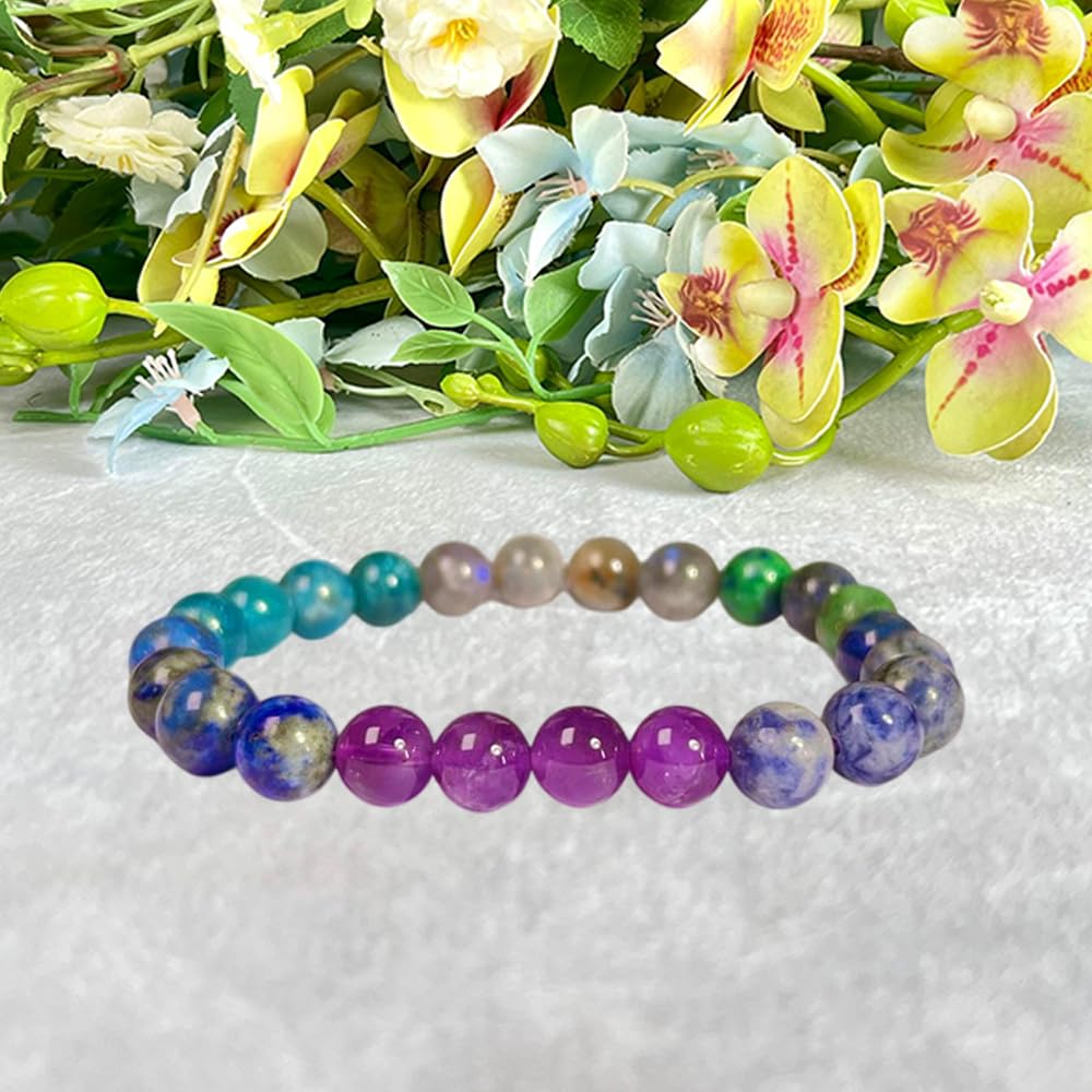 Crystal Treasure Third Eye Chakra Crystals Sodalite,Amethyst,Himalayan Quartz,Azurite Malachite,Rhyolite,Blue Aventurine Stone Round Beaded Stretchable Bracelet
