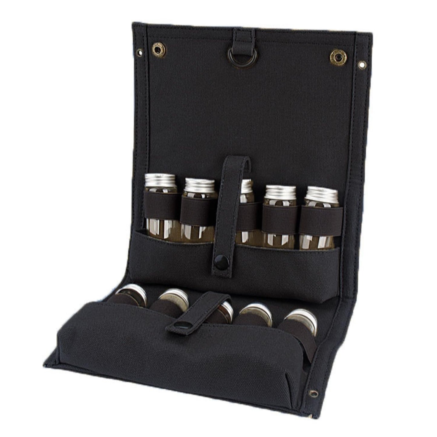 Travel Spice Kit, Portable Spice Bag with 10 Spice Jars, Canvas Seasoning Storage Bag Organizer, Seasoning Bottle Holder with Mini Condiment Bottle, Condiment Container Set for Camping BBQ(Black)