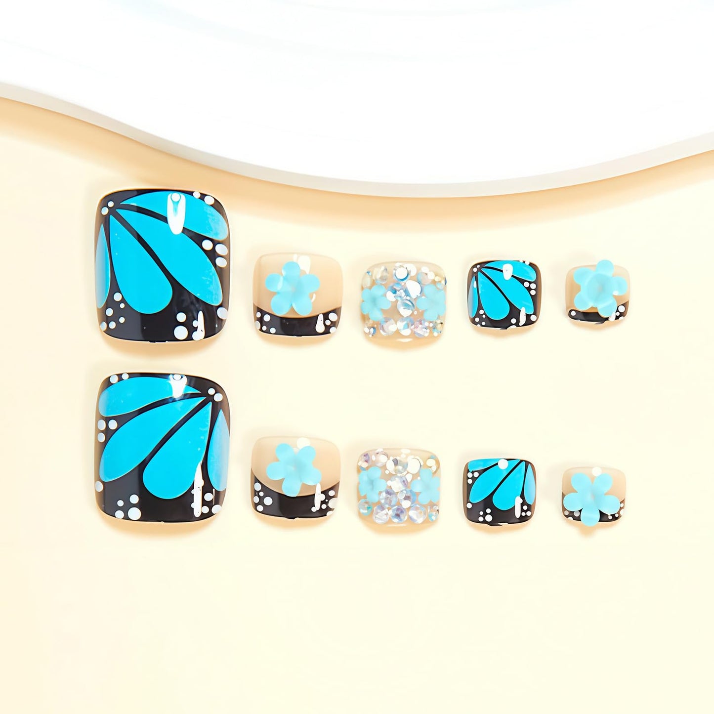 MISUD Toe Press on Nails - Fake Toenails with Black French Tip, Acrylic Toenail Blue Butterfly Flower Design 24 pcs