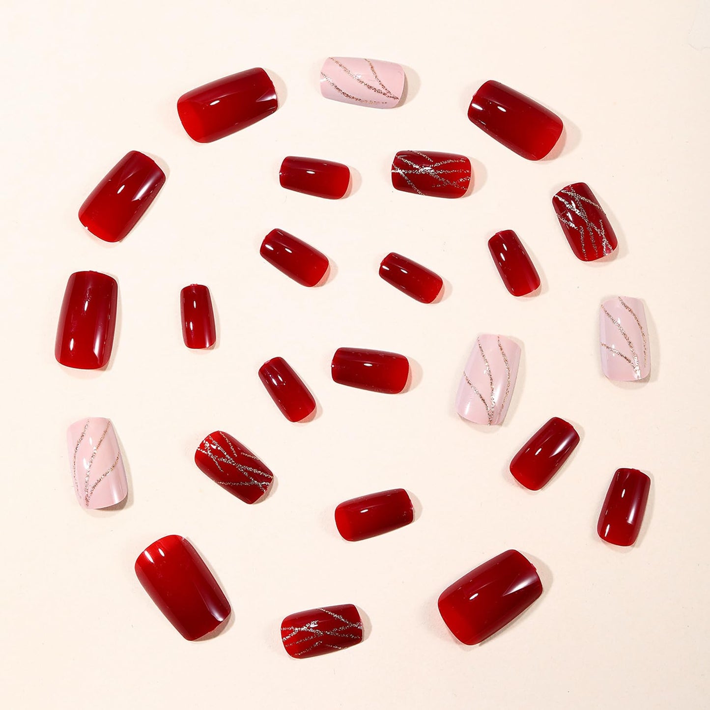 IMRAIN Red Press on Nails Short Square Fake Nails Glossy Acrylic False Nails Full Cover Gel Glue on Nails New Year Nail Kits 24Pcs