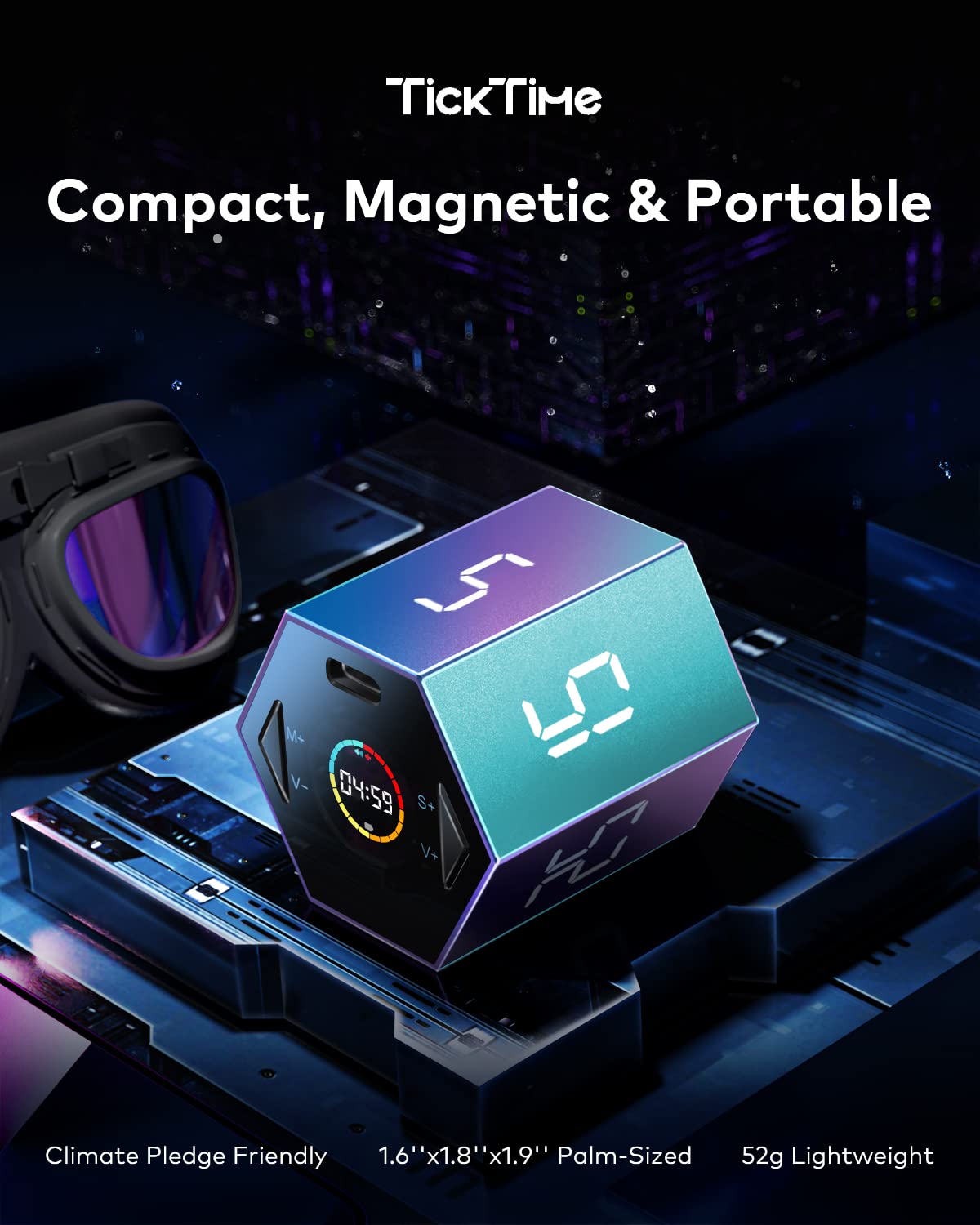 Ticktime Pomodoro Timer, Productivity Timer Cube, 5/15/25/30/45/60 Min Presets, Custom Countdown & Stopwatch 1s–99m59s, Sound/Vibration/Silent, Magnetic, Rechargeable, for ADHD Study Work,Violet