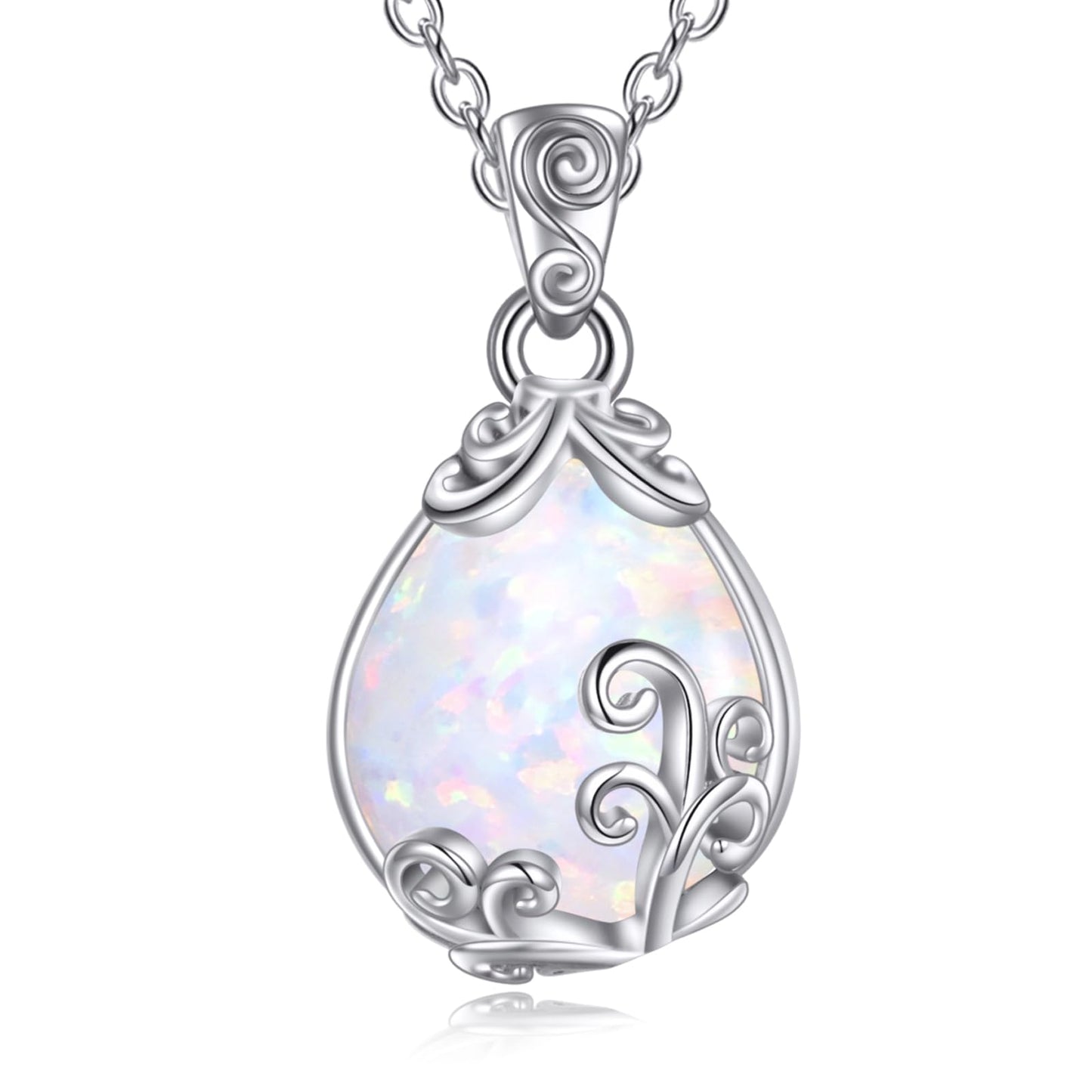 POPLYKE Sterling Silver Opal Filigree Teardrop Necklace Filigree Pendant Jewelry Gifts for Women