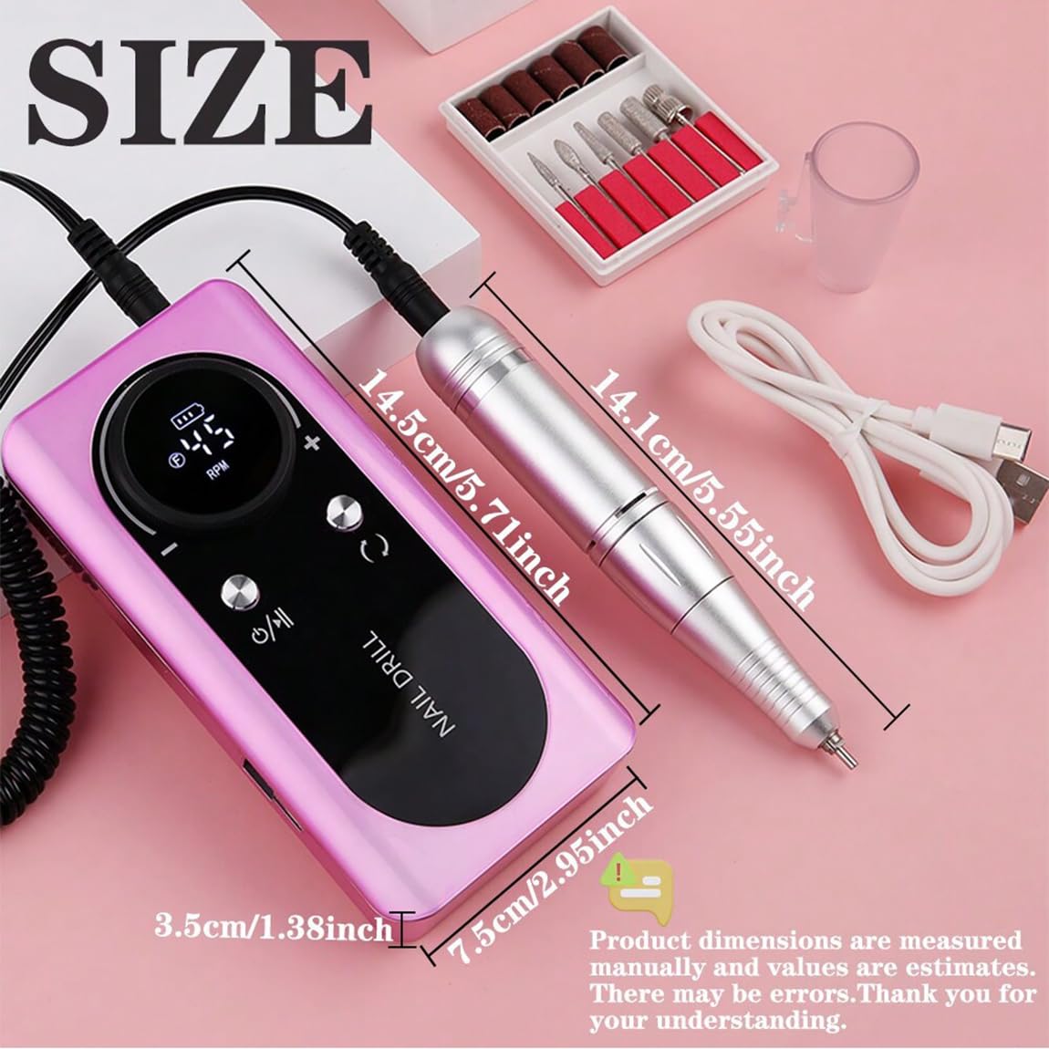 Professional 45000RPM Electric Portable Nail Drill Machine Rechargeable Low Noise Nail Sander File for Manicure Salon Tool (Pink)
