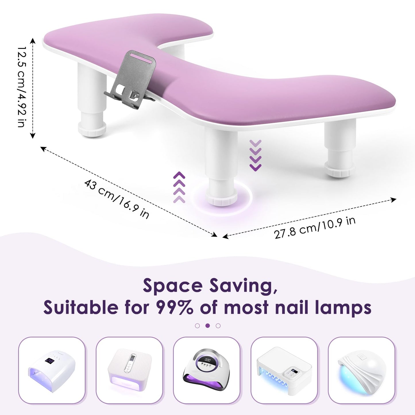 LIONVISON Arm Rest for Nails Tech: U Shaped Adjustable Height Ergonomic Nail Hand Rest Stand PU Leather with Rotating Phone Holder for Nail Salon Manicurist (Puprle)