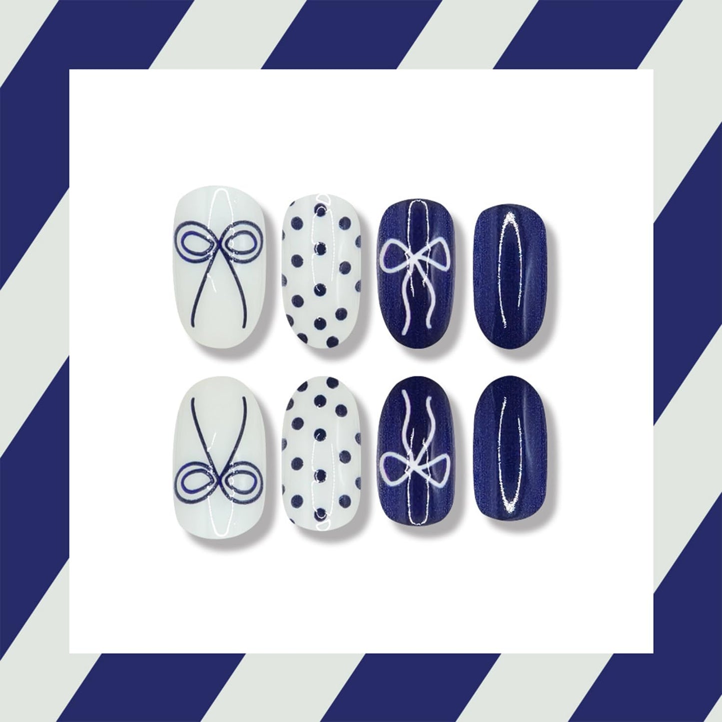 Short Press on Nails Almond Fake Nails with White Bow Designs Polka Dot Nails Press ons Blue Full Cover False Nails Spring Summer Acrylic Nails Glossy Reusable Glue on Nails for Women Daily