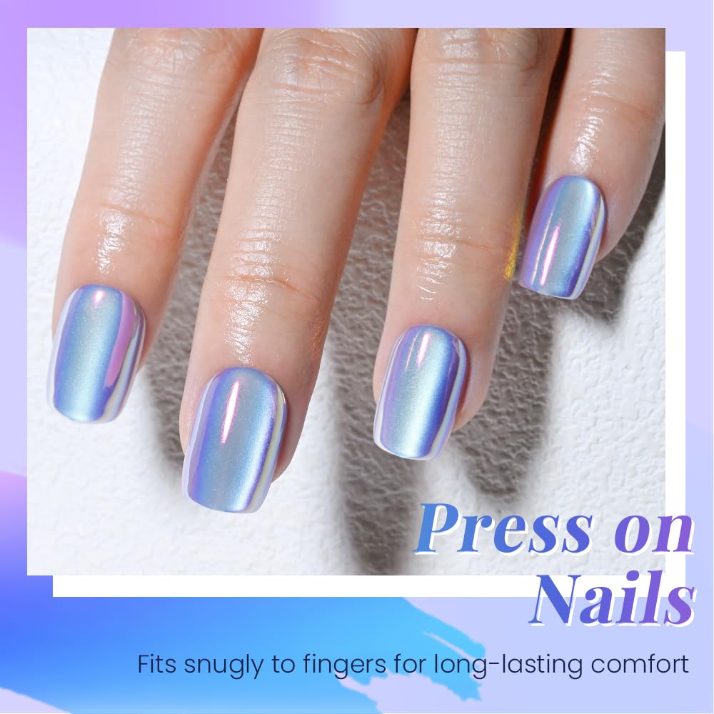 evpct Periwinkle Blue Cat Eye Chrome Press on Nails Short Square No Glue with Aurora Design, Purple Holographic Short Square Stick on Nails for Women, Glossy Cateye Effect, Perfectly Fit Salon-quality