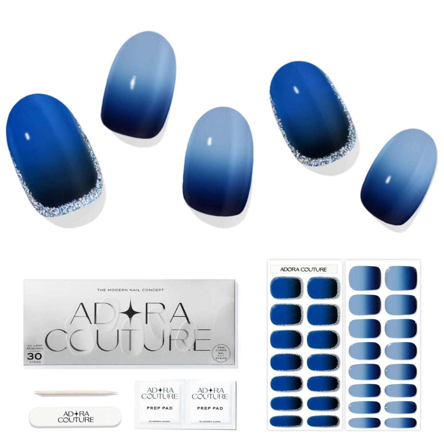 Adora Couture Semi-Cured Gel Nail Strips - 30 Salon-Quality Stickers with UV Light Required, Long Lasting, Easy Application & Removal, Includes Prep Pads, Nail File, Wooden Stick (Blue Regal)