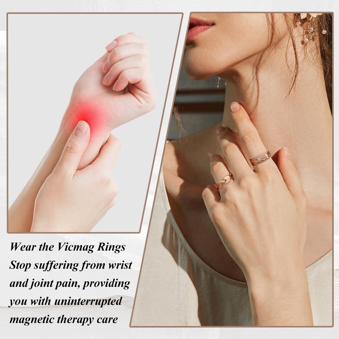 Vicmag Copper Magnetic Ring for Women, Magnetic Rings Ladies Fingers Thumb 100% Solid Pure Copper Jewelry Gift Adjustable (Rose Gold+Copper Flower)