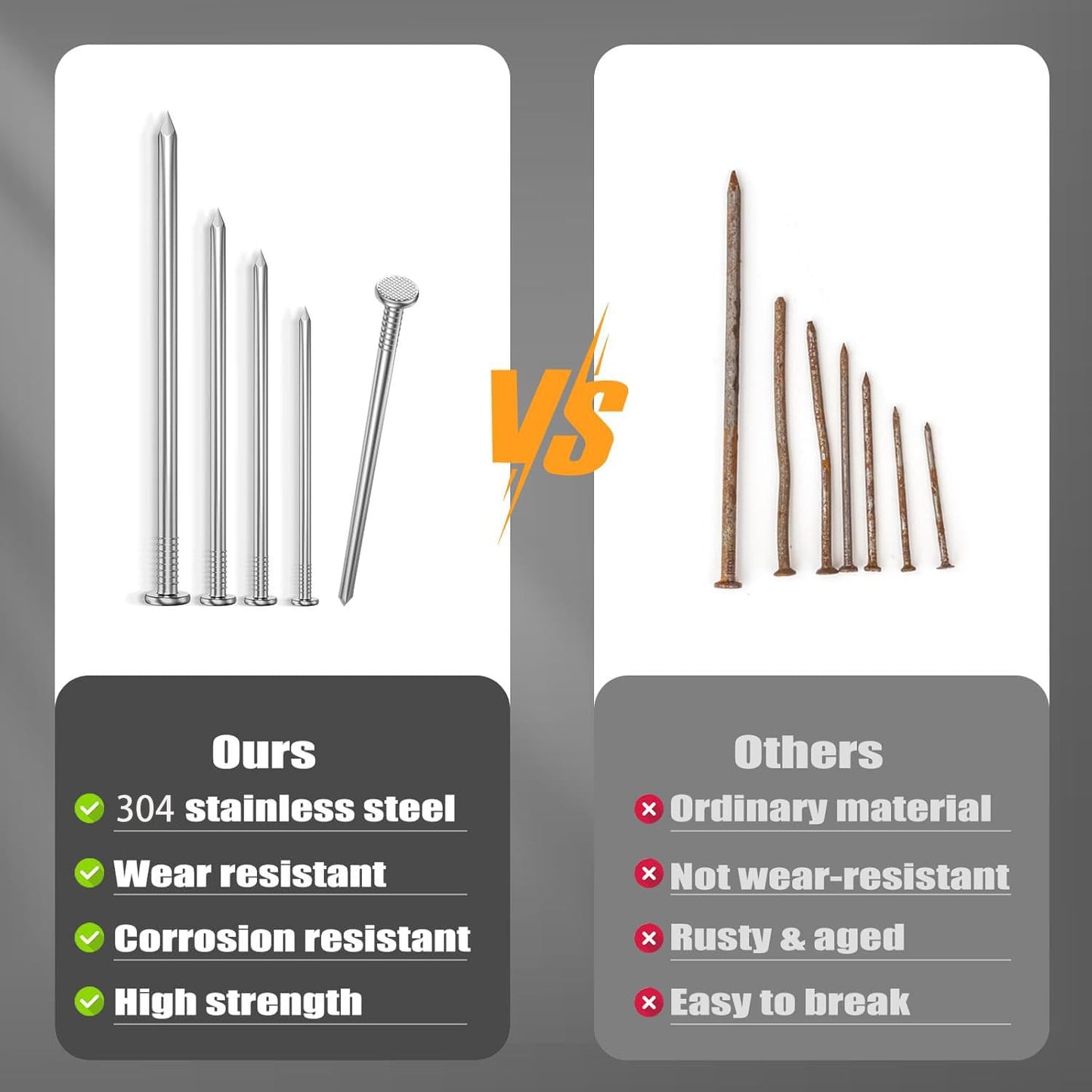SIGO 430pcs Stainless Steel 304 Nails Kit, 6 Sizes (5/8", 3/4", 1", 1-1/4", 1-1/2", 2") for Picture Hanging, Wall & Woodworking Projects