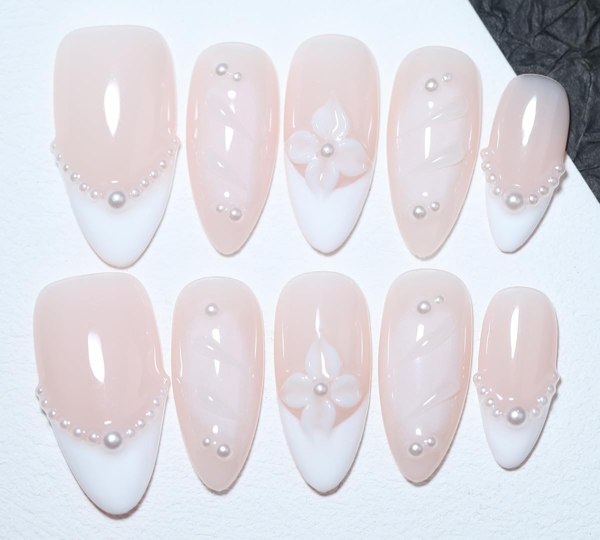 10Pcs Medium Almond Handmade Press On Nails | Easy Apply & Remove, Reusable Salon Quality Nails | Elegant Nude & White Fake Nails with 3D Floral & Pearl Accents (251217, M)