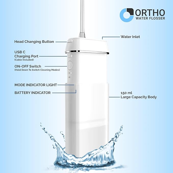 Ortho Water Flosser – Cordless, Collapsible Water Flossers for Teeth and Braces, IPX8 Waterproof, Rechargeable Teeth Cleaning Tools, 3 Modes 360° Nozzle, Travel Essentials Flossers for Adults & Kids