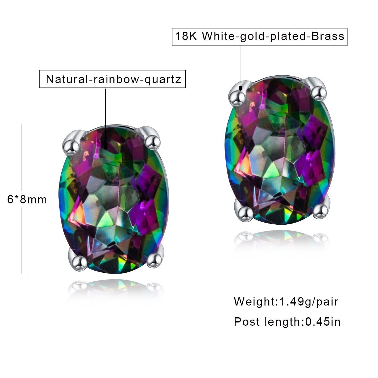 Created Rainbow Quartz Stud Earrings for Women Men 18K White Gold Plated Round Square CZ Hypoallergenic Jewelry Gift