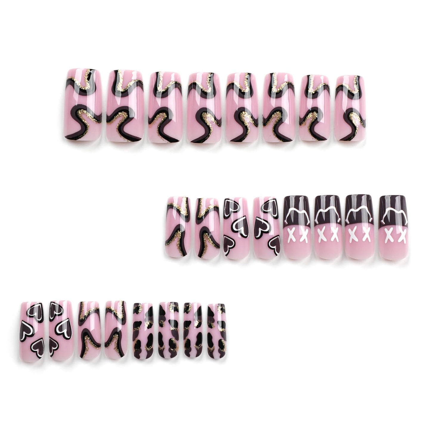 Press on Nails Square Medium Pink 24Pcs Glossy Full Cover Artificial Fake Nails with Heart Line Designs Reusable Coffin Acrylic False Nails Glue Stick on Fingernails with Charm for Women