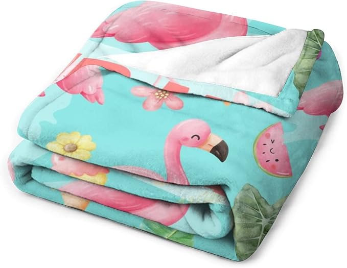 Custom Flamingo Blankets Gifts with Name - 40 x 50 Inches Cute Throw for Kids - Green Warm Furry Plush Flamingo Blankets for Sofa