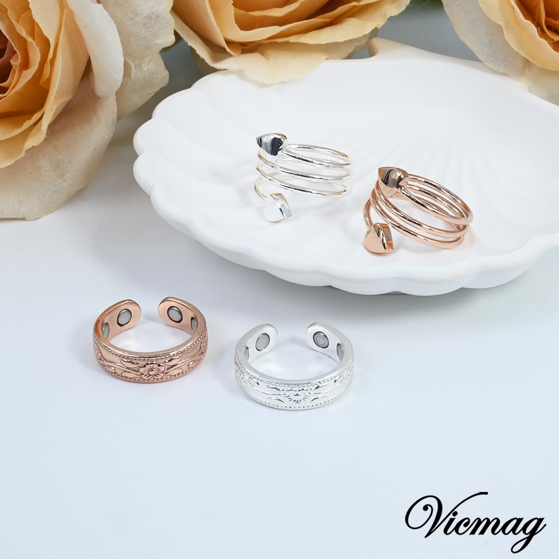 Vicmag Copper Magnetic Ring for Women, Magnetic Rings Ladies Fingers Thumb 100% Solid Pure Copper Jewelry Gift Adjustable(4PCS Flower & Love)