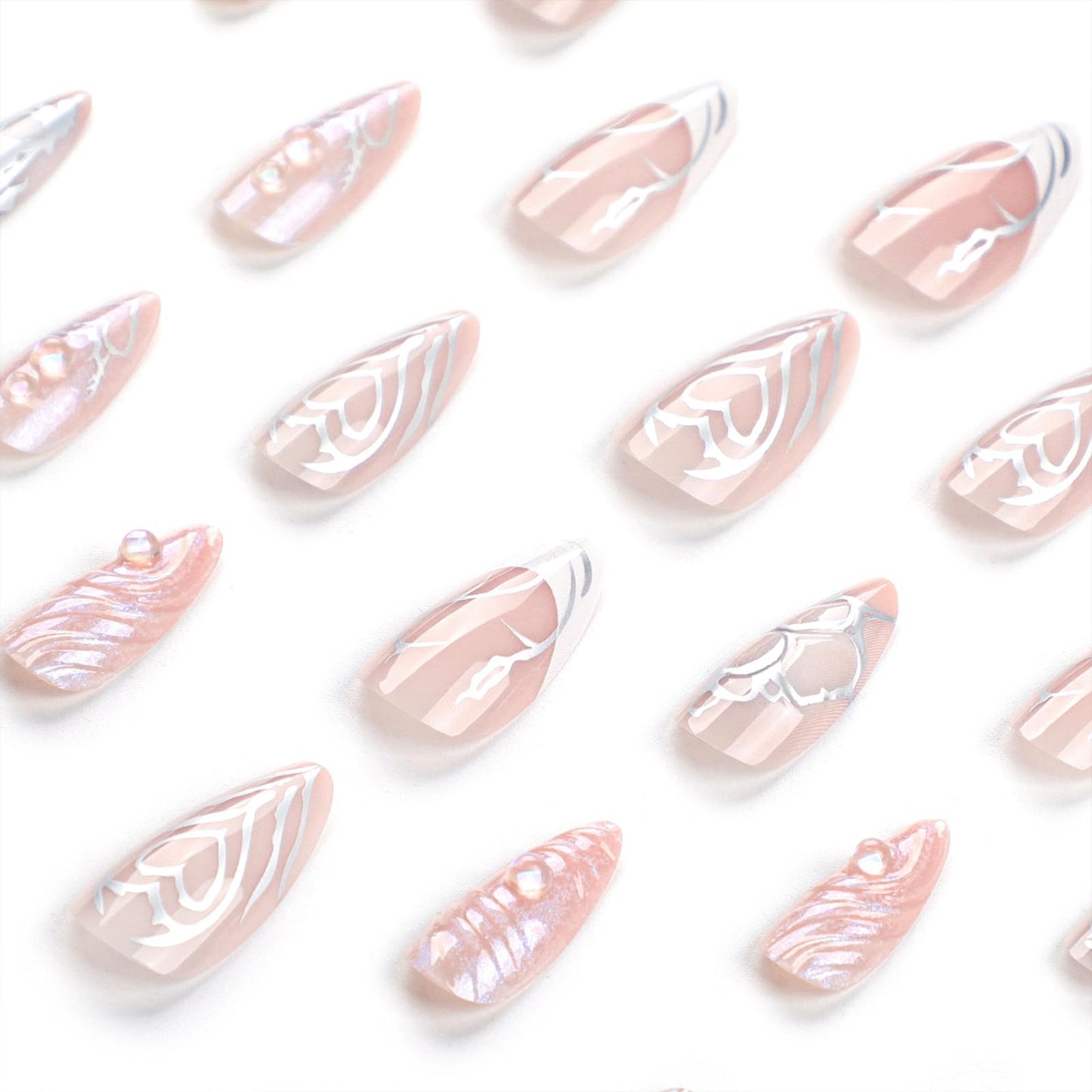 Pink Press on Nails Medium Almond Fake Nails Press ons with Design Charms French False Nails Silver Glue on Nails Cute Glossy Full Cover Acrylic Stick on Nails for Women Manicure 24Pcs