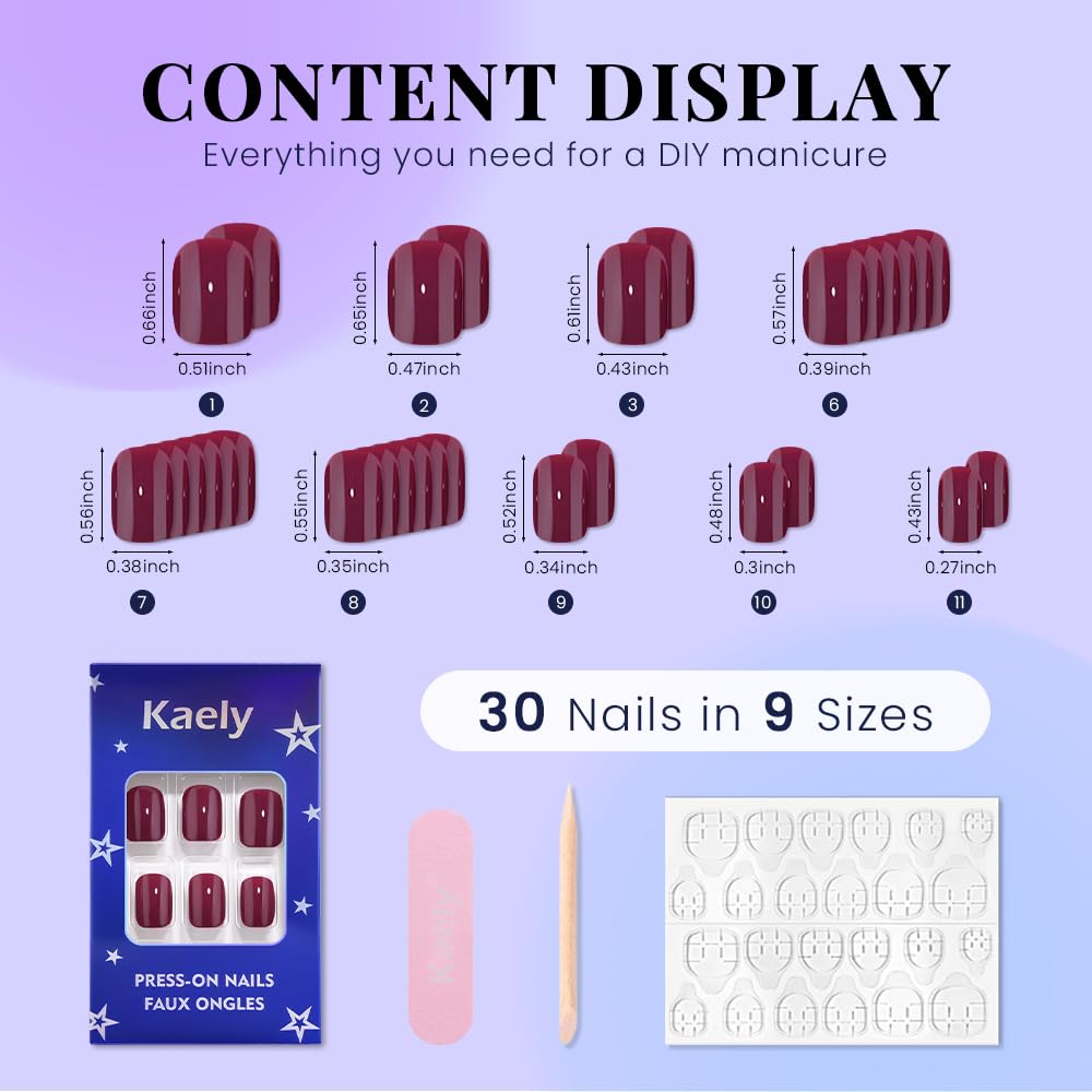 evpct Maroon Red Glossy Squoval Short Press on Nails for Women, Red Extra Short Squoval No Glue Stick on Nails with Kit, Reusable Full Cover Soft Press on Acrylic Fake Nail Salon-quality Perfectly Fit