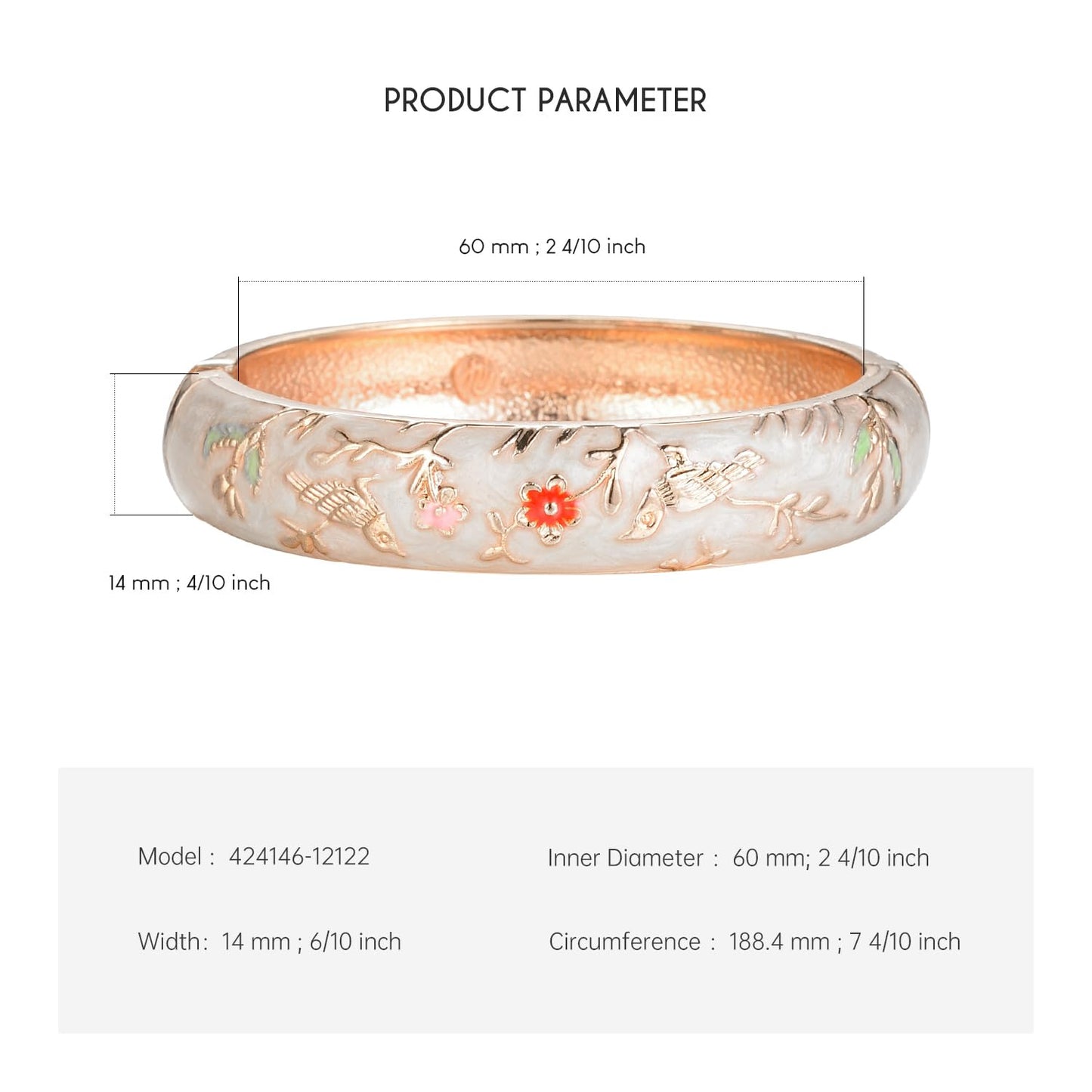 UJOY Colors Handcraft Jewelry Cloisonne Bracelet Enamel Bird Spring Hinged Womens Bangles Gifts Box 55C49 Cream White