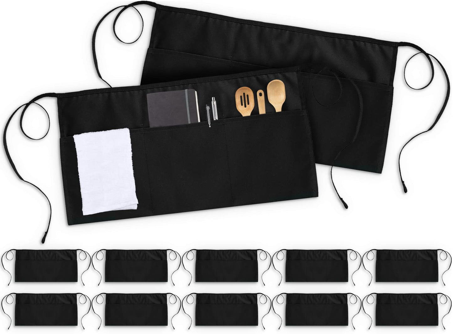 Utopia Wear 12 Pack Server Aprons with 3 Pockets, Waiter and Waitress Waist Aprons for Women with Pockets, Men Short Aprons (Black)