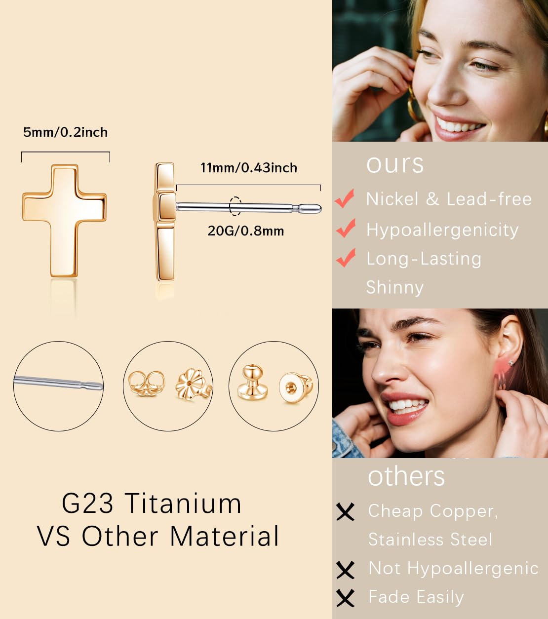 Limerencia Titanium Stud Earrings - Hypoallergenic Earrings for Women Men Sensitive Ears - Minimalist Jewelry Flatback Cross Bolt Cartilage Earrings,Gold Tone