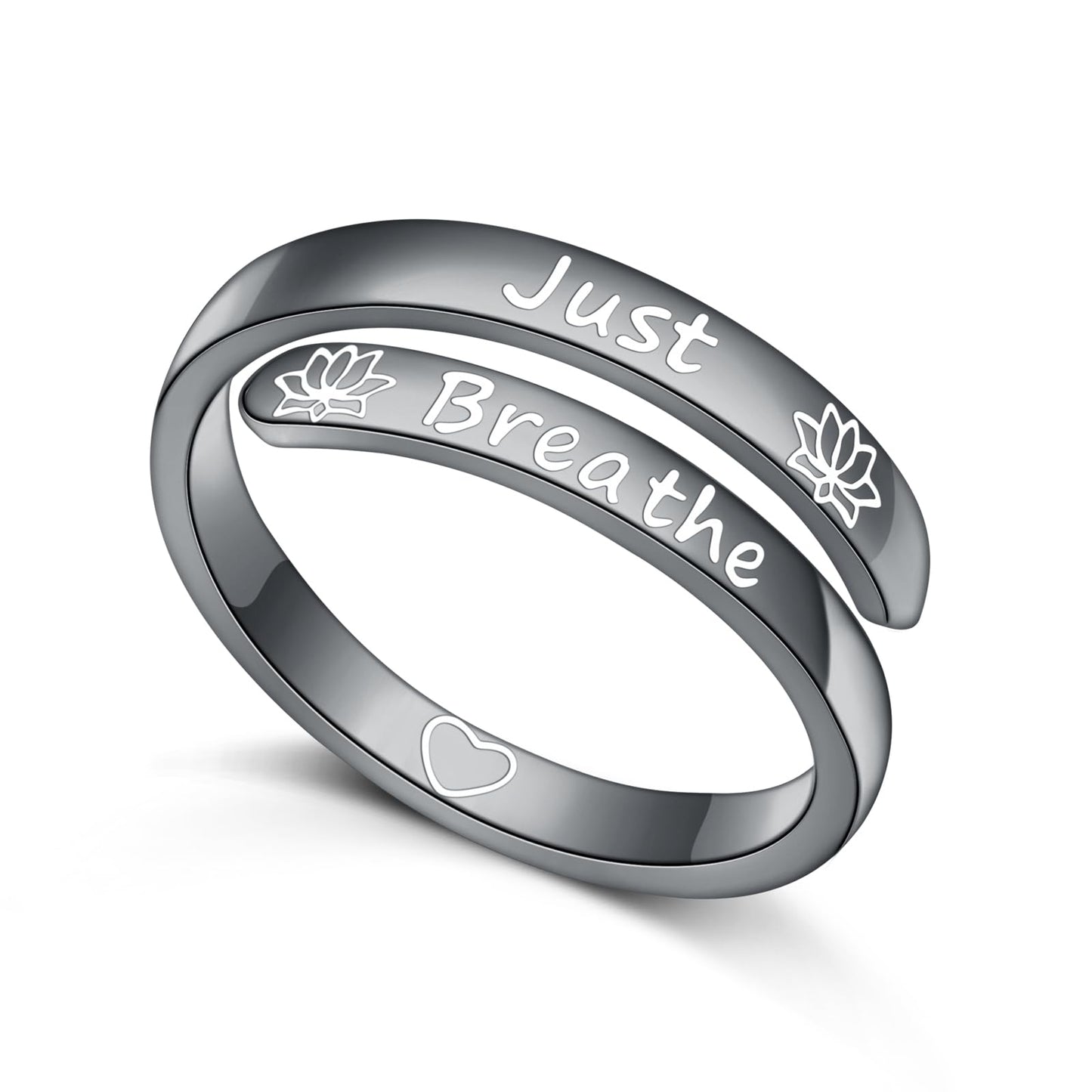 Just Breathe Rings 925 Sterling Silver Yoga Lotus Flower Stacking Wrap Spiral Twist Statement Band Encouragement Hope Ring for Women Men,Black Adjustable Inspirational Ring