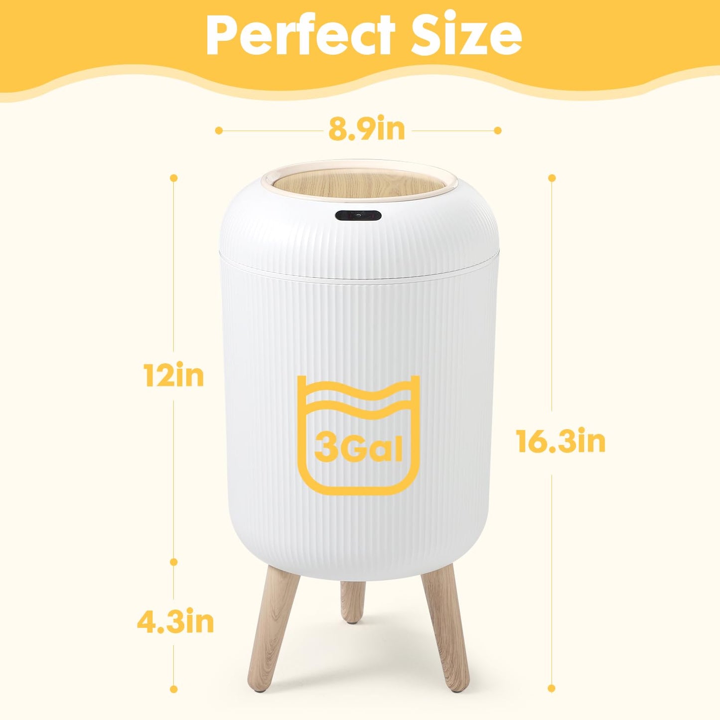 onlcuk Automatic Motion Sensor Bathroom Trash Can with Lid, 3 Gallon / 11L Touchless Trash Garbage Bin with Removable Legs for Kitchen, Bedroom, Office, Small Trash Cans Trashcan Wastebasket-White