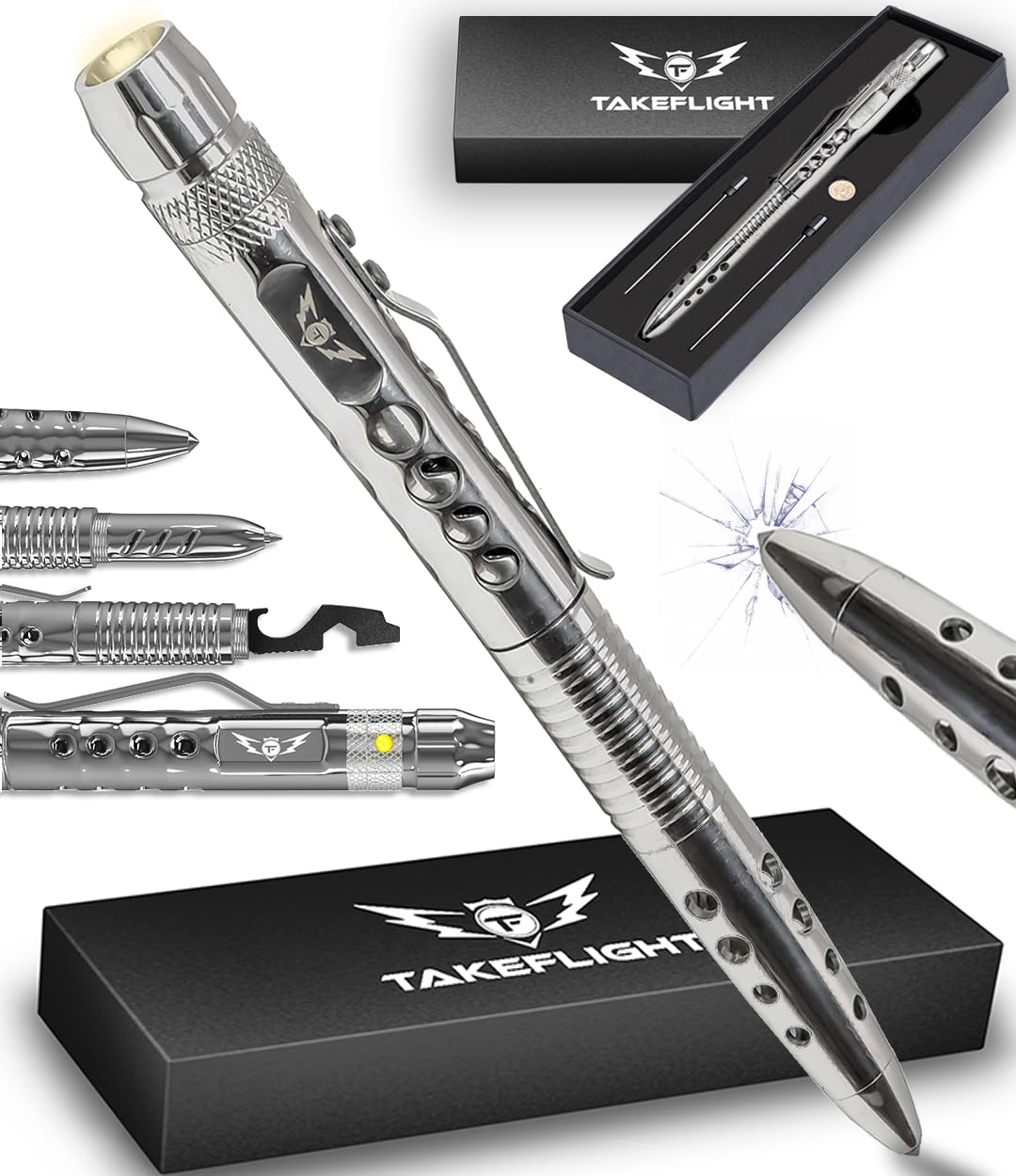 Tactical Pen – Self Defense Survival EDC Pen with LED Flashlight, Glass Breaker & Bottle Opener – Military Multitool Pen for Men & Women – Veteran-Owned TakeFlight – 2 Ink Refills + Extra Battery