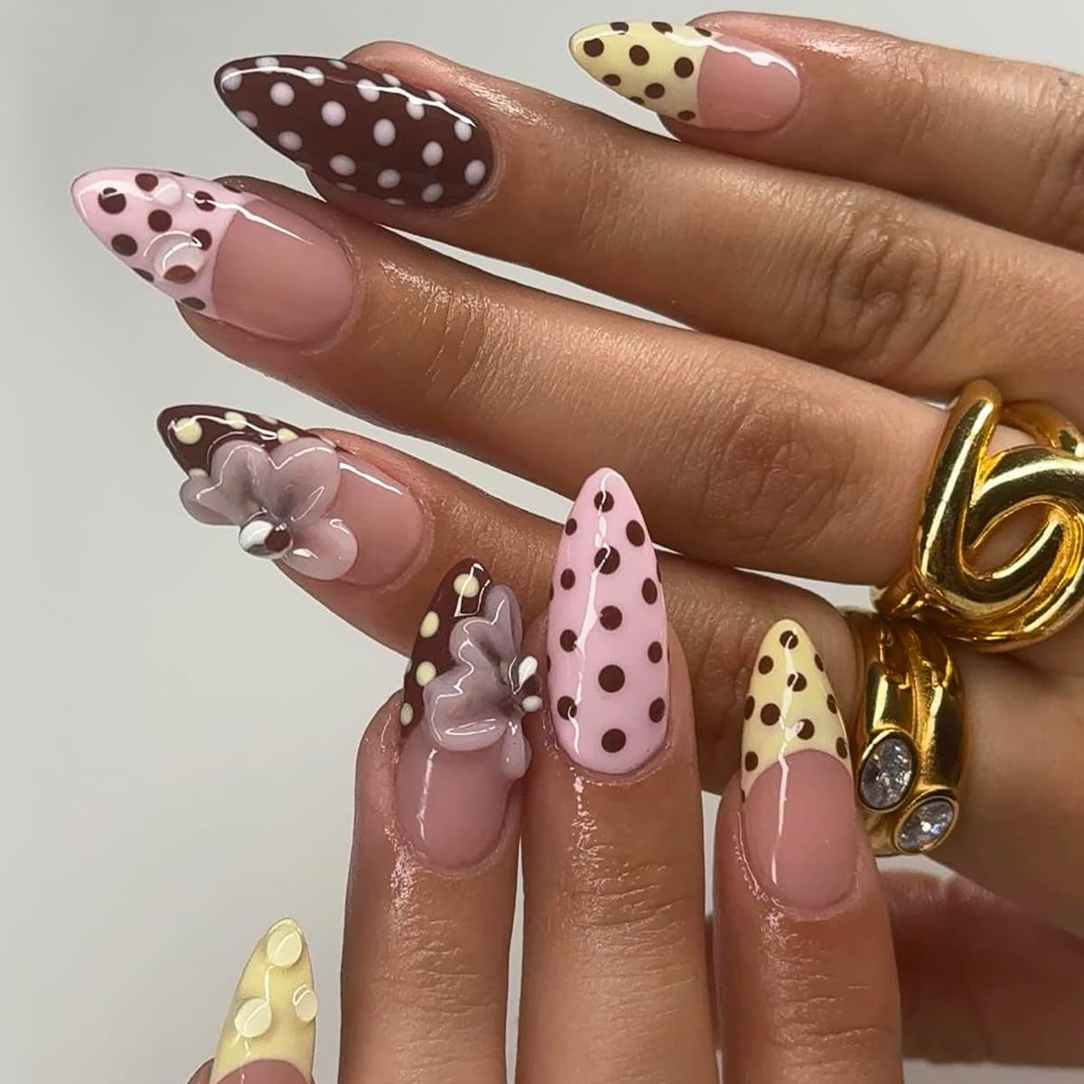 Polka Dot Press on Nails with Flower Accent,Medium Almond Fake Nails Spring Nails Press ons with Design,Reusable Artificial Nail Full Cover Glossy Glue on Nail Stick on Nails for Women Manicure 24Pcs