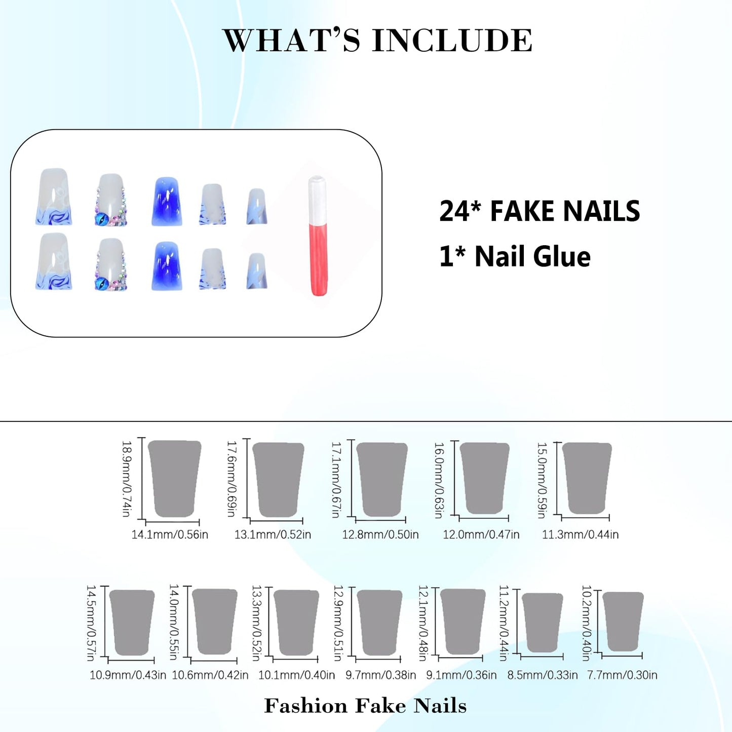 IMRAIN Press on Nails Medium Duck Fake Nails Blue French Tip False Nails with Rhinestone Design Stick on Nails for Women