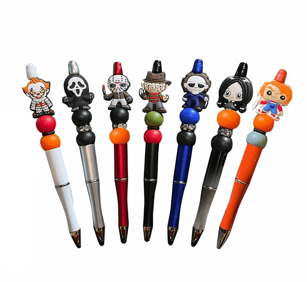 7PCS Horror Beadable Pens Horror Movie Pens Refillable Novelty Ballpoint Pen Set Halloween Spooky Pen Horror School Office Desk Accessories Gift for Adults