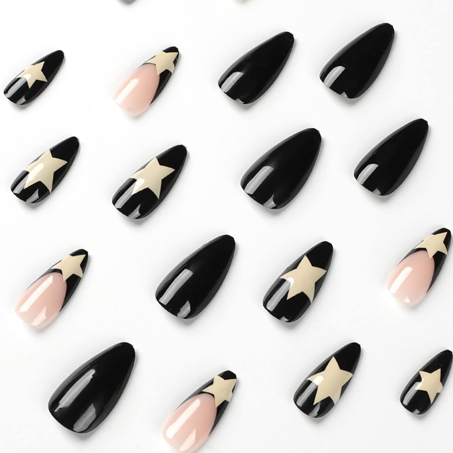 IMSOHOT Medium Almond Press on Nails French Black Fake Nails Stiletto Star False Nails with Designs Y2K Glossy Full Cover Acrylic Glue on Nails for Women 24PCS