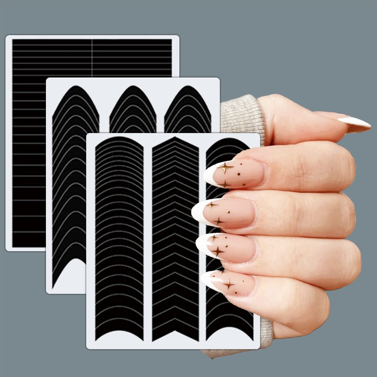 36 Sheets 1860 Pcs French Tip Nail Guides, Self-Adhesive French V-Shaped Moon Shaped Manicure Strip Stickers for Edge Auxiliary Black DIY Decoration Stencil Tools