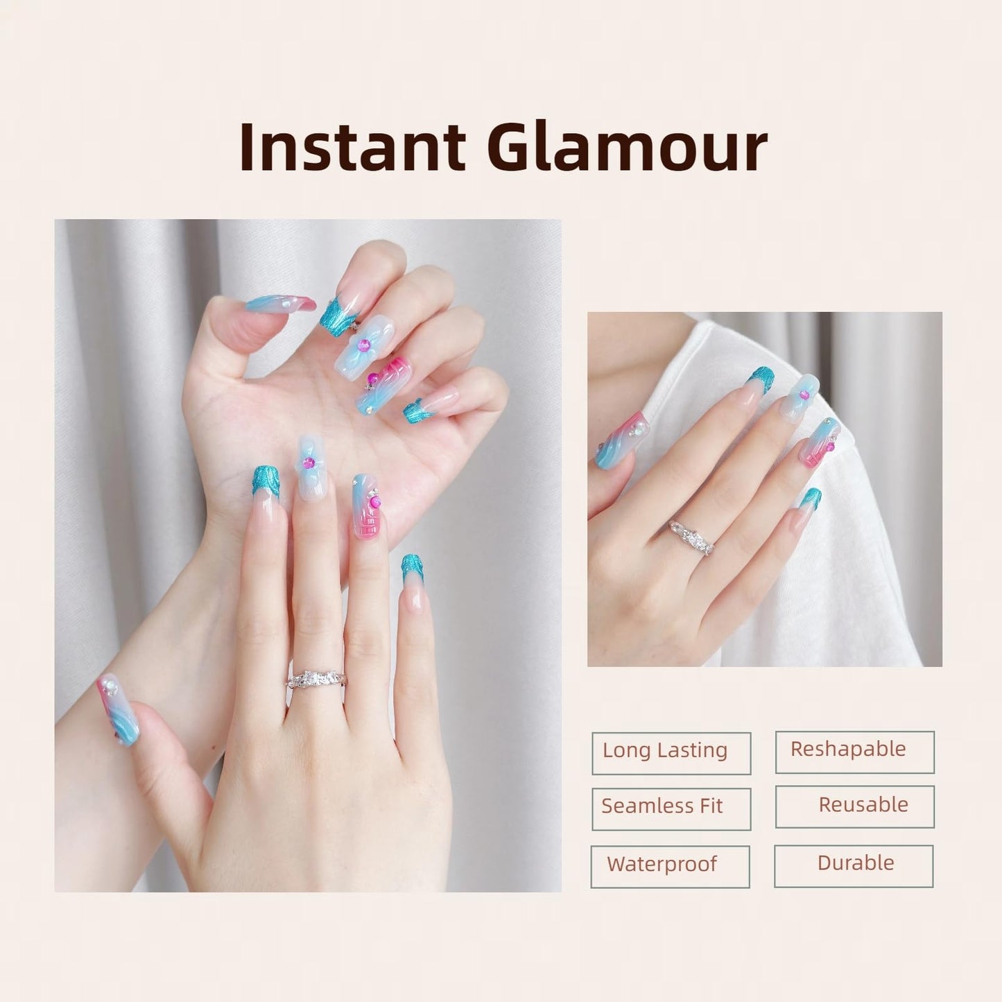 LARSOOY Nails Handmade Press on Nails Middle Long Square | Handmade Nails with Ocean Theme | Reusable fake Nails with Unique Designs | False Nails 10 Pcs (Underwater Adventure, M)