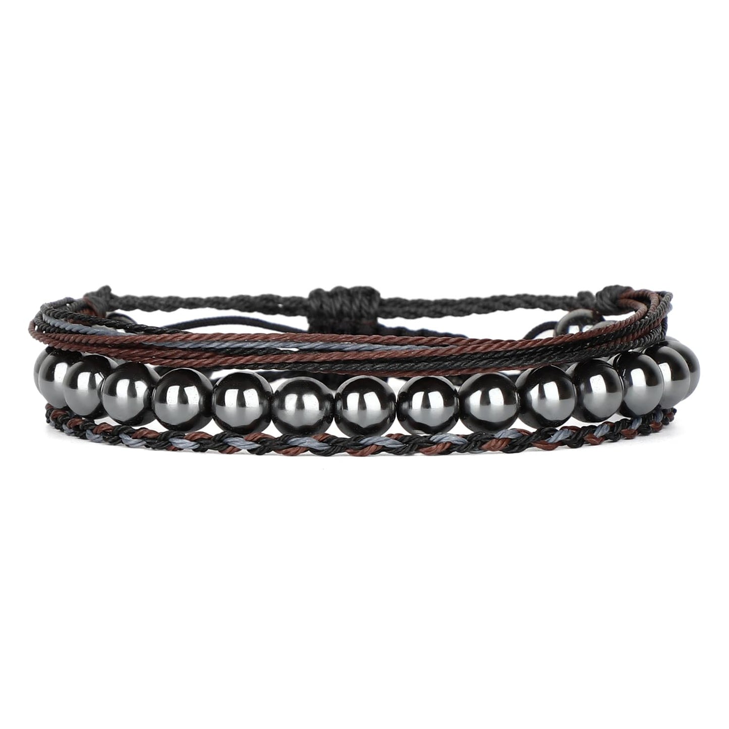 QOGIR Handmade Healing Bracelets,8mm Natural Hematite Gem Stone Beads Bracelet,for Men Women Gifts with 2PCS Size Adjustable Rope Bracelets