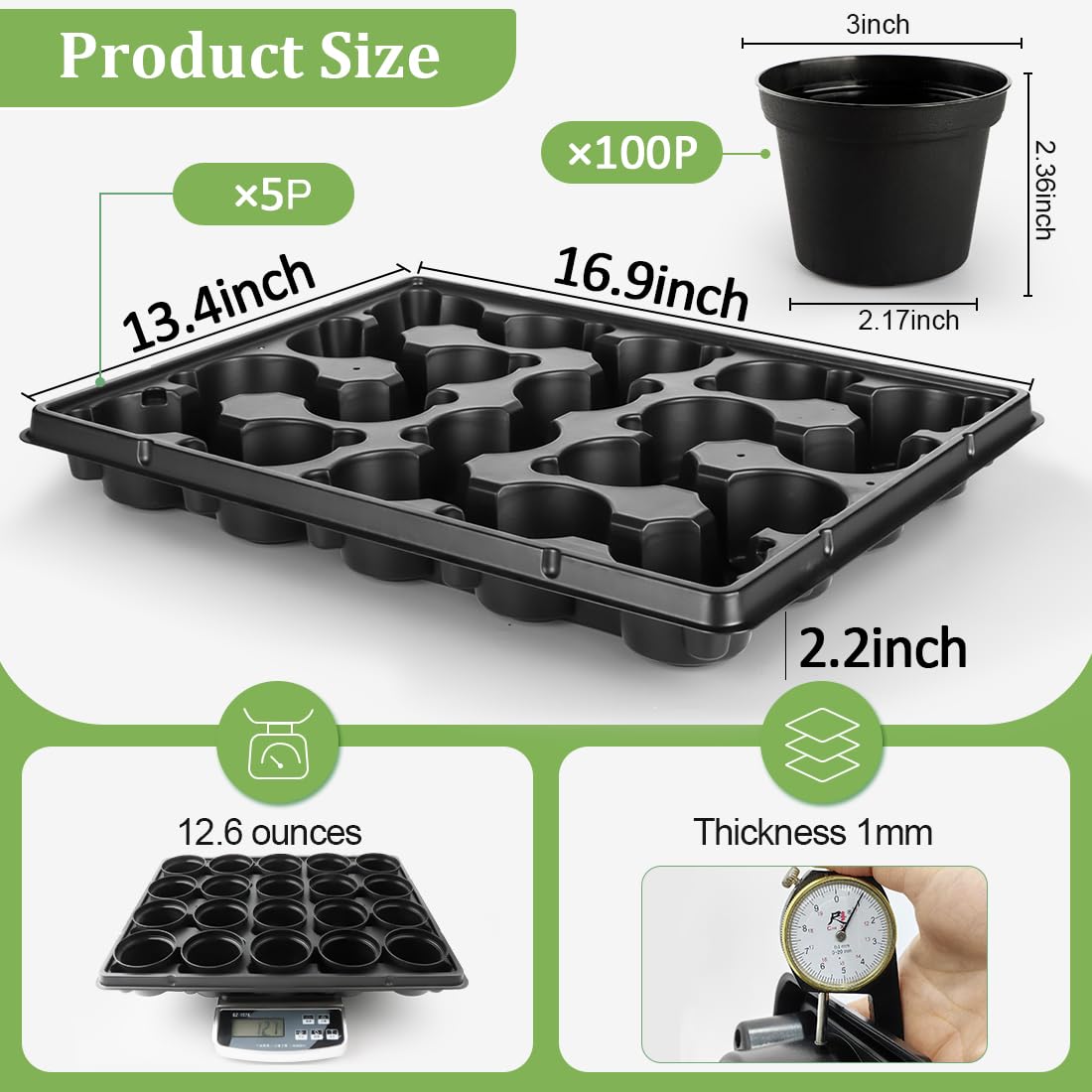 RooTrimmer 3 Inch Plastic Plant Pots 100 Pcs with 5 Pcs 20 Cell Seed Starter Trays, Thick Black Small Nursery Pots and Propagation Shuttle Trays for Seed Starting, Plant Propagation Starter Kit 5 Sets