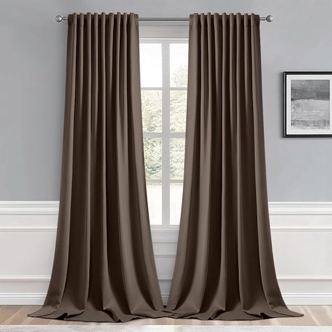 MIULEE Chocolate Brown Back Tab Blackout Curtains 108 Inch Long 2 Panels Set for Bedroom, Rod Pocket/Pinch Pleat Extra Long Thermal Insulated Living Room Darkening Pleated Light Blocking Drapes