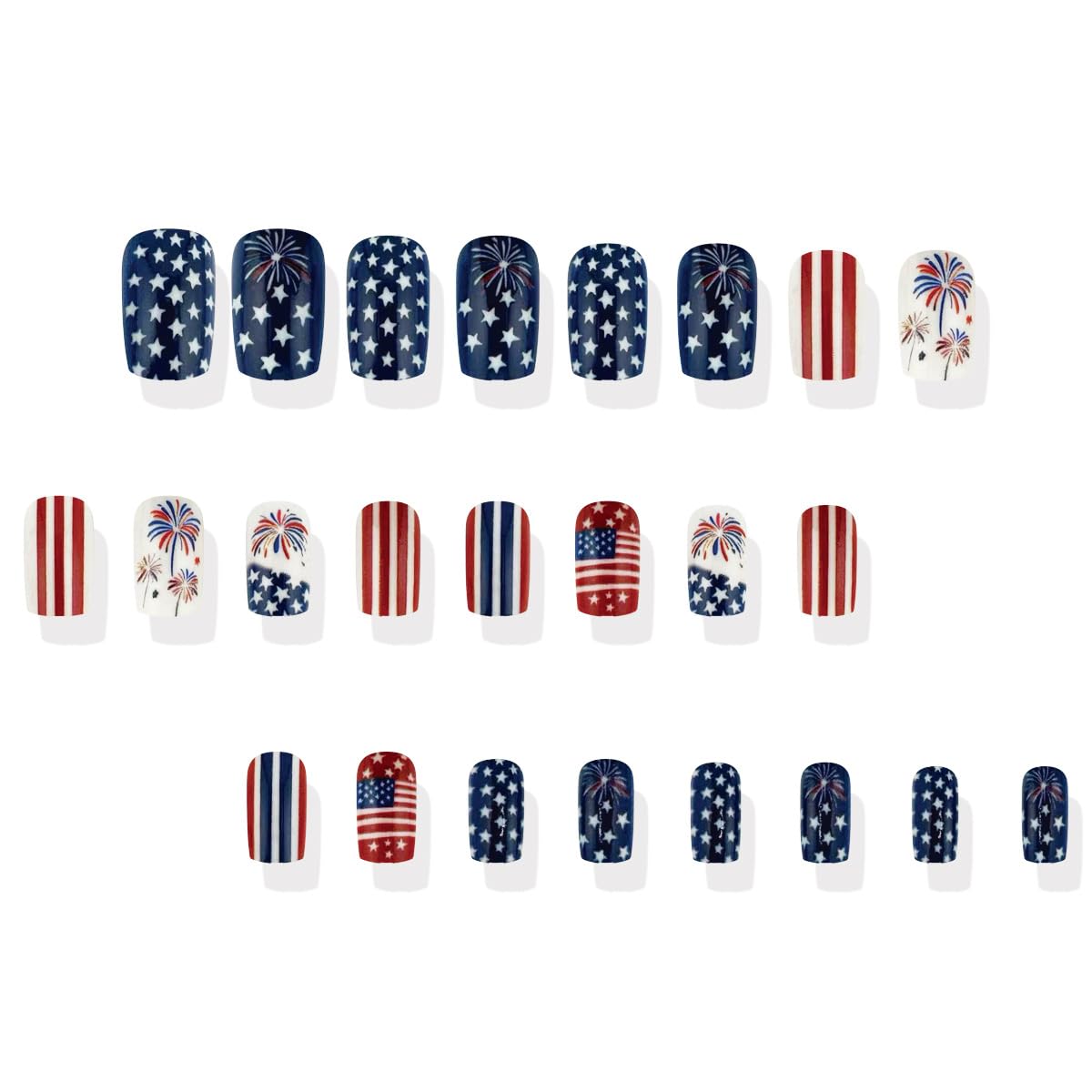 4th of July Press on Nails Medium Square Fake Nails Independence Day French Tips Firework Design False Nails Full Cover Glossy American Flag for Women Patriotic Nails Decoration 24Pcs
