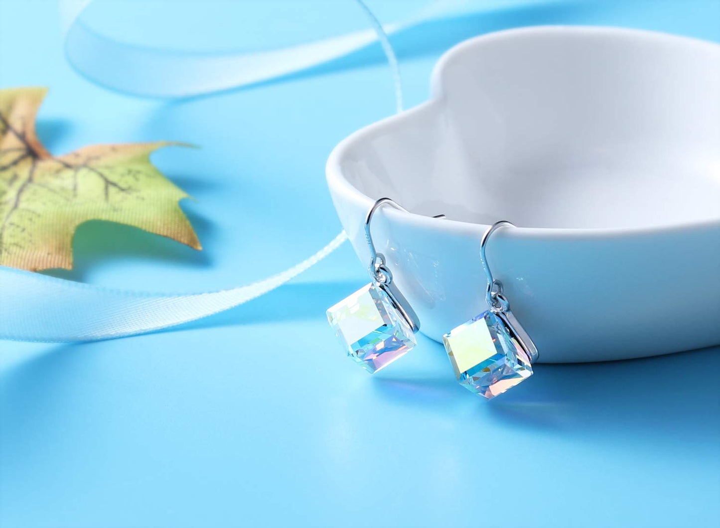 PLATO H S925 Sterling Silver Aurora Cube Earrings Crystals for Women with Exquisite Unique Gift Box Dainty Jewelry for Anniversary Valentine's Mother's Day