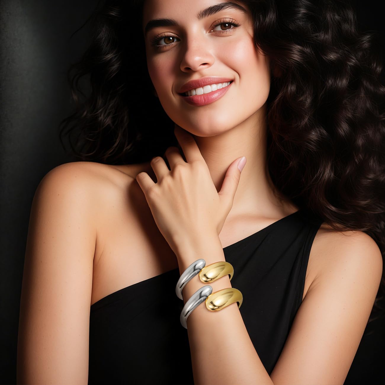 Emibele Cuff Bracelet Stack, 18K Gold-plated Open Bangle Bracelet with Teardrop Design, Hinged Gold Cuff Bracelets for Women, 2 Pack