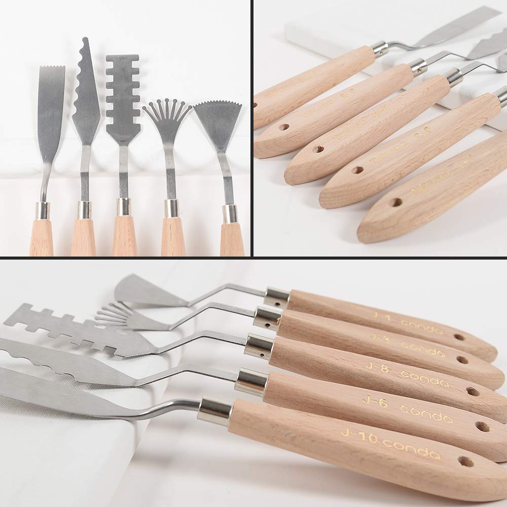 CONDA Palette Knife Set 1 set 10Pcs Palette Knife Painting Wood Handle with Different Shapes and 1 set 5 pcs regular shapes pack