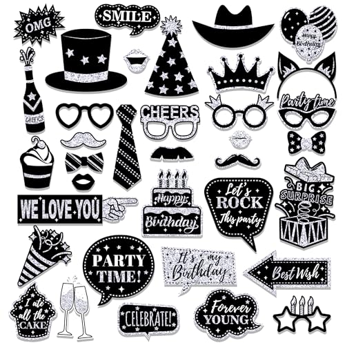 36Pcs Silver Birthday Photo Booth Props, Glitter Silver Party Decorations, Letter Print Card Material