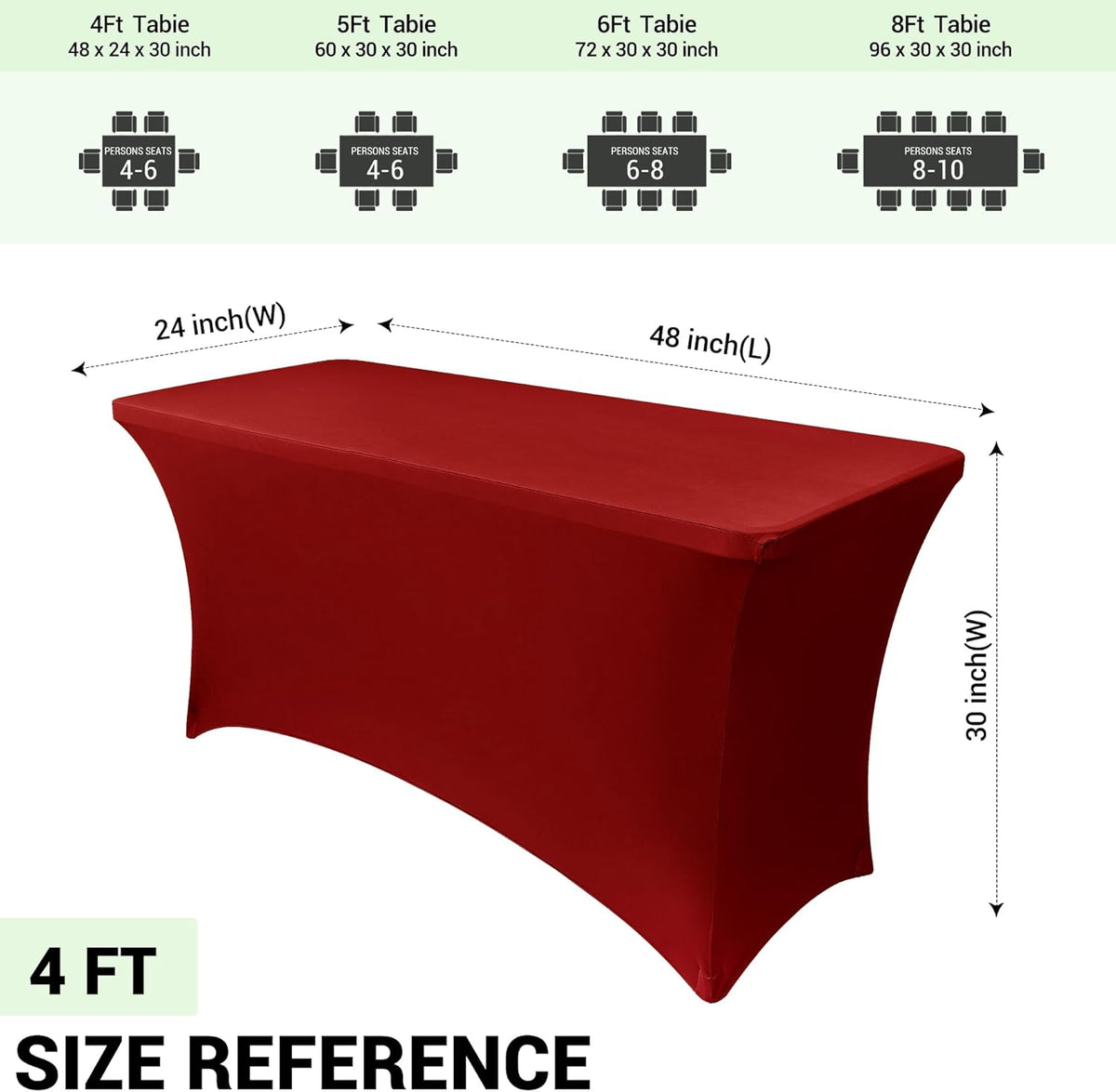 Obstal Spandex Table Cover 4ft Fitted Tablecloth Rectangular - Stretch Rectangle Folding Table Cloth for Birthday Party Wedding Banquet, Dark Red, 48L x 24W Inch