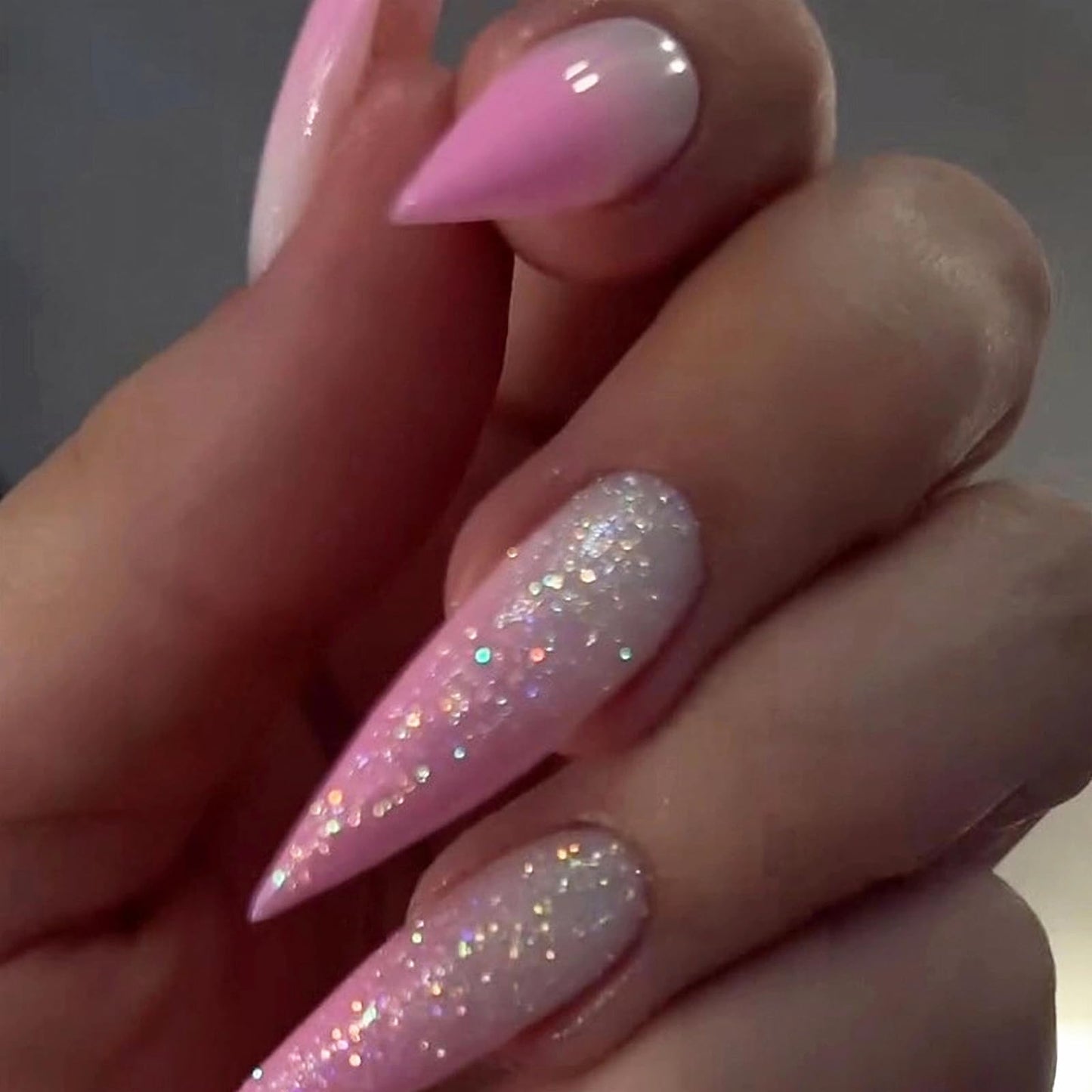 MISUD Press on Nails - Long Stiletto Glue on Nails with Pink Ombre, Acrylic Bling Glitter Design 24 pcs