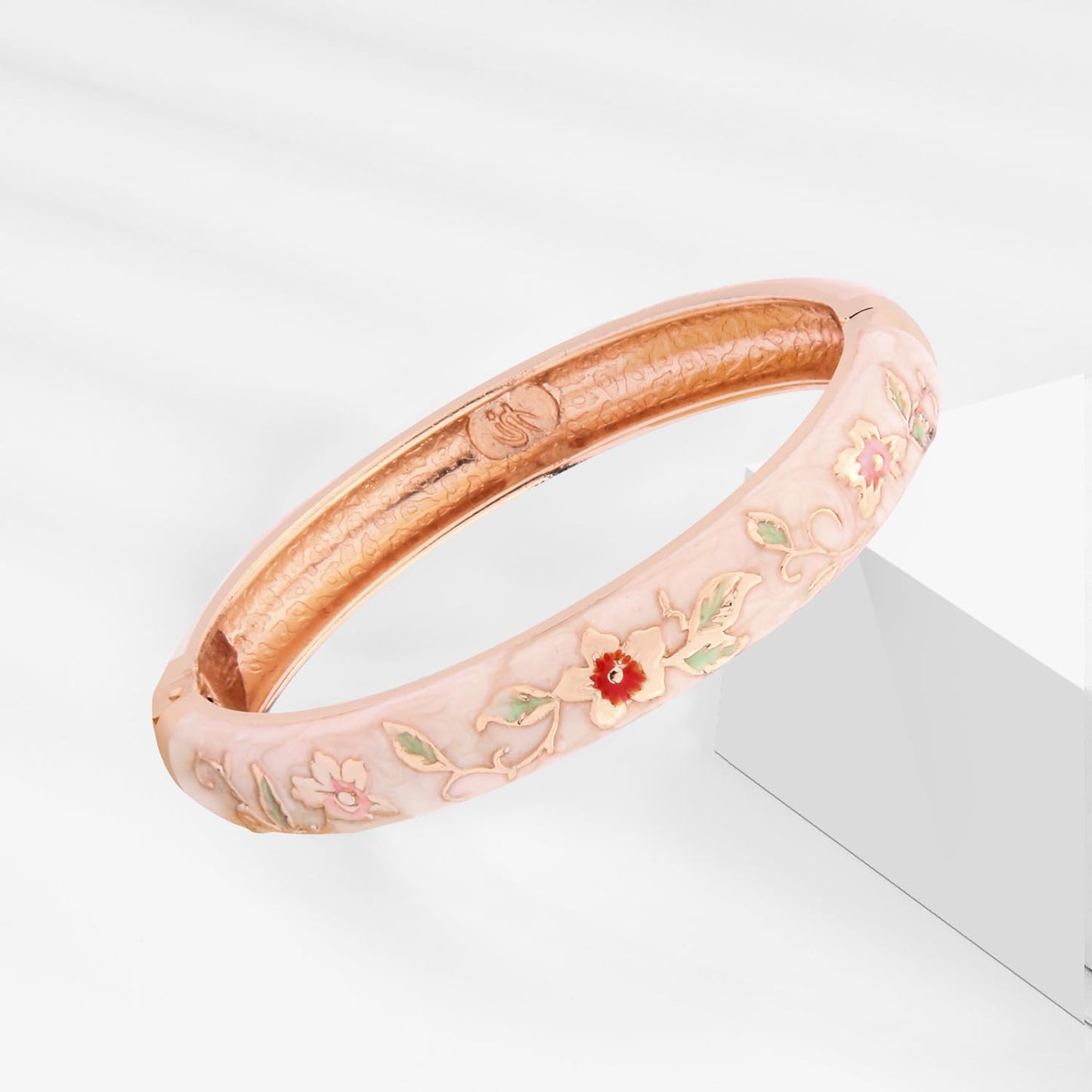UJOY Vintage Bracelet Plated Enameled Jewelry Spring Hinge Metal Cuff Cloisonne Bangles Set Gift Box Packed 55A18-55A113 Cream White