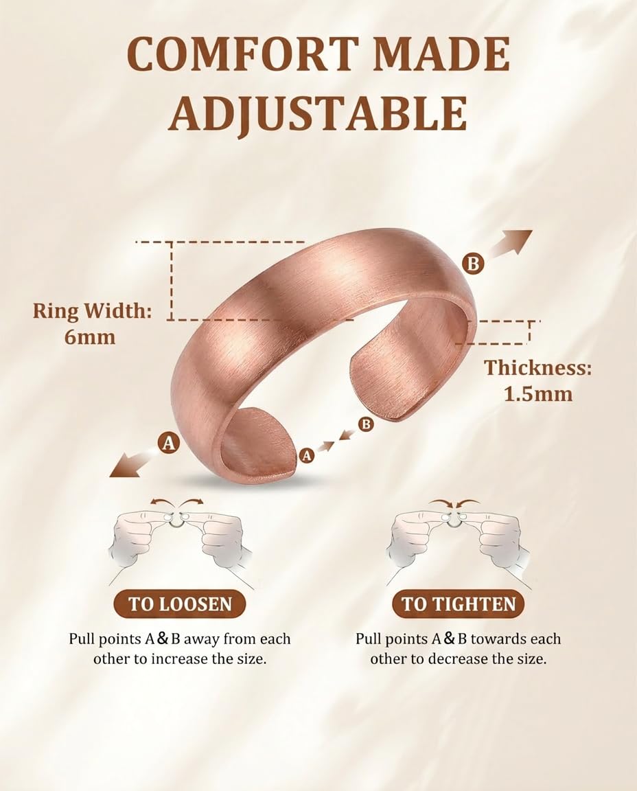 Fashtour 100% Pure Copper Rings for Women & Men (Two-Pack) — Solid Raw Copper — Uncoated Handmade Adjustable Open-End Tibetan Style Rings (Domed)